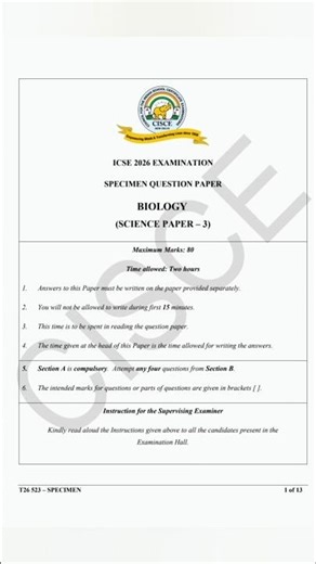 ICSE Biology 2026 Specimen Paper🔥#icse#exam #biology#2026#icsebiology#shorts#ytshorts#boardexam2026