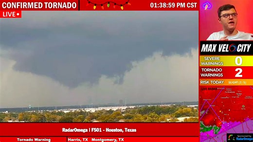 TORNADO ON THE GROUND per weather spotters in Spring, Texas, with a rapidly rotating wall cloud visible! We are LIVE: https://www.youtube.com/live/EycIJIsuGFc | Max Velocity