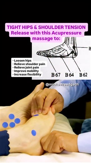 Michael Reed Gach, Ph.D on Instagram: "The truth about tight hips & shoulder pain… Chronic shoulder & hip tension are connected. If you have one, you likely have the other. The Bladder meridian runs from the feet → up the legs → through the hips → along the spine → into the shoulders and neck, so by massaging the outer edge of the foot, you release this entire channel. Massaging Bladder Acupressure points help: ✨ Relieve shoulder tension ✨ Loosen tight hips ✨ Ease neck and upper-back stiffness ✨