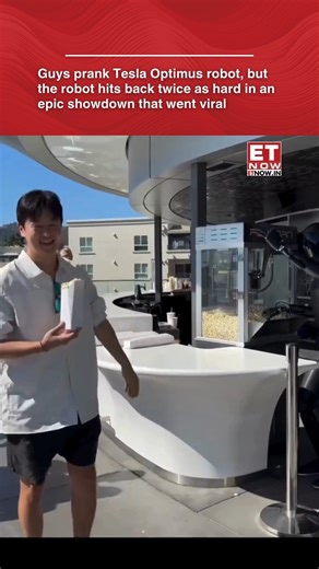 65K views · 282 reactions | A man decided to prank Tesla’s Optimus robot, expecting a simple reaction. However, the robot surprised everyone by hitting back twice as hard, turning the prank into an epic showdown. The video of this unexpected exchange quickly went viral on social media, captivating tech enthusiasts and robot fans alike. - @airesearches/YouTuber Channel Korean Jay [Tesla Optimus, robot prank] | ET NOW | Facebook