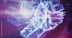 Freedom fight revolution with clenched fist symbol rotating on lights loopable background. Cyber technology abstract concept icon 3d seamless and loop animation.