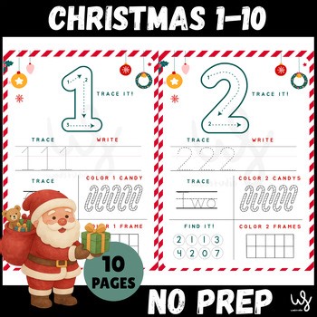 CHRISTMAS MATH NO PREP: Number Tracing 1-10 Worksheets