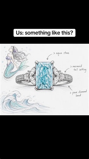 Mermaid Princess Ring: Aqua Stone & Mermaid Tail Pave Diamond Design