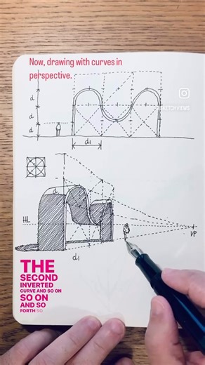 Here’s one example with curves in perspective. I just thought of reposting this reel to bring back this topic and this time with captions for those that are impaired. I hope you enjoy it and find it beneficial. See below the original text. Thank you All. ———————— Fountain pen: Opus 88 Demo F nib @opus88writing Sketchbook: Sketch from Chartwell Books @chartwell.books Ink: @noodlersink #art #architecture #teaching #lines #practice #architect #drawingsketch #building #city #urban #perspective #hous