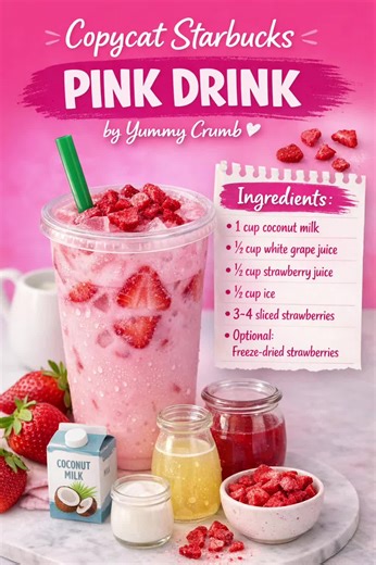 Stop Paying $7 for a Pink Drink! 🍓 Make This Starbucks Copycat at Home Starbucks prices keep going up… so I started making my favorites at home ☕🍓 This Copycat Pink Drink is creamy, fruity, refreshing, and takes only a few ingredients. Honestly… it tastes just like the real thing! Save this recipe and try it this week. More easy recipes at Yummy Crumb ❤️ #starbuckscopycat #pinkdrink #starbucksathome #drinkrecipes #homemadedrinks