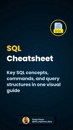 Dr. Pooja | Python | SQL | Power BI | Excel on Instagram: "SQL can feel overwhelming when concepts are scattered across different resources. This cheatsheet brings essential SQL ideas together in one visual flow, helping you understand how queries are structured and how different commands connect with each other. Save this post for revision, and explore the complete cheatsheet series for a broader SQL perspective. [SQL, SQL cheatsheet, SQL basics, SQL commands, SELECT query, WHERE clause, GROUP 