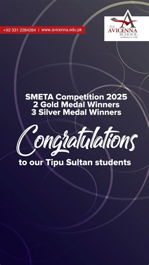 Proud moment for Avicenna Tipu Sultan Campus as our students shine at the SMETA Competition 2025, bringing home 2 Gold Medals and 3 Silver Medals. Congratulations to our talented achievers. #AvicennaSchool #AvicennaTipuSultan #SMETACompetition #StudentAchievements #ProudMoment | The Avicenna School