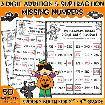 Halloween 3 Digit Mixed Addition & Subtraction Find the Missing Numbers Practice