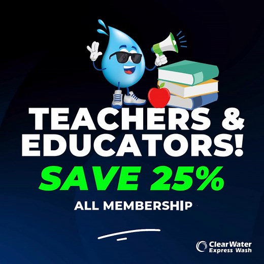 We appreciate those who shape the future! 🍎✨ ClearWater Express Wash is now offering 25% off memberships for all teachers and educators. It’s our way of saying thank you for everything you do! 💙💦 #ClearWaterExpressWash #TeacherDiscount #EducatorAppreciation #StayShiny #CommunityDriven | ClearWater Express Wash
