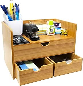 Sorbus Bamboo Desk Organizer - 3-Tier 100% Bamboo Desktop Organizers – Mini Bamboo Desk Drawer Tabletop Storage Box Countertop Organization 3 Drawers & Shelf - Office, Makeup Vanity, Fully Assembled