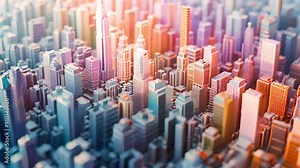 Modeled as a 3D cityscape where each building represents a different store, Futuristic skyline, Colorful cityscape, Mini building model