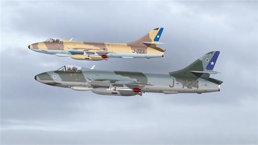 Recreación audiovisual de una patrulla aérea de combate de aviones Hawker Hunter del Grupo de Aviación N° 9, configurada según los perfiles operativos empleados durante la Crisis del Beagle de 1978. La secuencia representa una formación táctica en misión de vigilancia y disuasión aérea, evocando el elevado nivel de alistamiento, disciplina de vuelo y capacidad de reacción mantenidos por las tripulaciones en el Teatro de Operaciones Austral. | Aviation Art & History