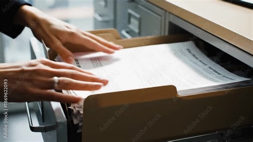 Hands filing final draft documents, Organizing documents in an office filing cabinet