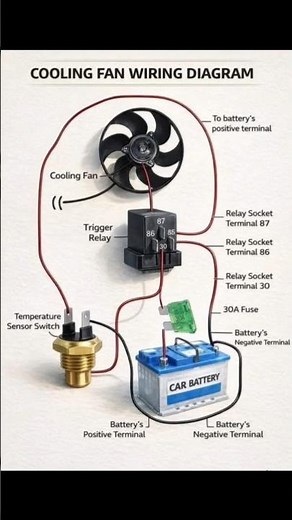 Cooling Fan Wiring Diagram Explained 🔧 | Battery → Fuse → Relay → Temperature Sensor #shorts