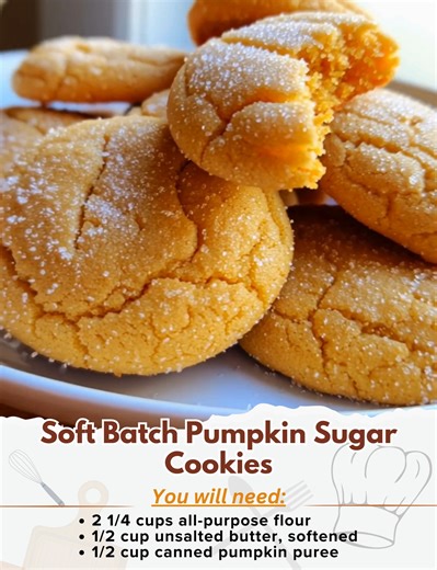 Soft Batch Pumpkin Sugar Cookies Ingredients: - 2 1/4 cups all-purpose flour - 1 teaspoon baking powder - 1/2 teaspoon baking soda - 1/2 teaspoon salt - 1 teaspoon ground cinnamon - 1/2 teaspoon ground nutmeg - 1/4 teaspoon ground ginger - 1/4 teaspoon ground cloves - 1/2 cup unsalted butter, softened - 1/2 cup granulated sugar - 1/2 cup brown sugar, packed - 1 large egg - 1 teaspoon vanilla extract - 1/2 cup canned pumpkin puree - Additional granulated sugar, for rolling Directions: 1. Preheat 