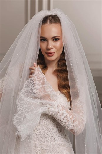 Pearl Cathedral Wedding Veil, Long Lace Bridal Veil, Romantic Tulle Bride Accessory - Etsy