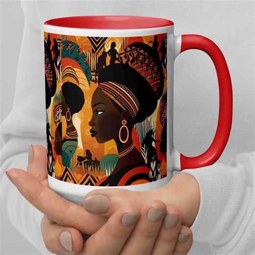 African Woman Mug, Orange Ethnic Ceramic Coffee Mug, Personalized Gift