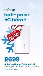 1.1K reactions · 73 shares | Get out the cold and dial up the comfort with rain. Order unlimited home 5G standard this winter and rain chips in 50 % for your first month. So, you only pay R349 and save R350. Ts & Cs apply. Order now at rain.co.za | rain South Africa | Facebook