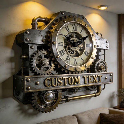 Custom Steampunk Wall Clock with Moving Gears Personalized Industrial Wall Art Unique Mechanical Gift for Home Office Large Gear Clock Decor