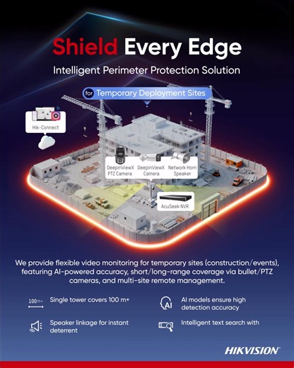 🌟 Safeguard your temporary sites with Hikvision's Intelligent Perimeter Protection Solution! 🏗️🎉 Enjoy flexible video monitoring for construction and events, powered by AI for unbeatable accuracy! Our single tower covers 100m with bullet/PTZ cameras. 🚀🔒 Instant deterrent? We've got you covered with speaker linkage. Plus, intelligent text search via AcuSeek. Curious? Click the link to explore how we can help protect your project seamlessly! 👇 https://www.hikvision.com/mena-en/solutions/solu