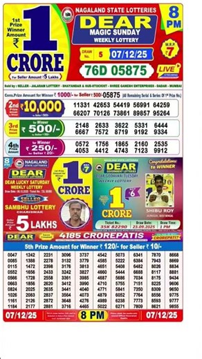 Nagaland State Lottery Sambad 8 PM Result Today 07-12-2025 | Dear Night