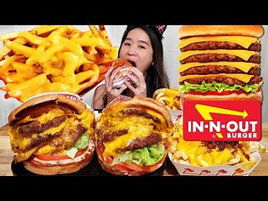 IN-N-OUT 4X4 BURGER & NEW Secret Menu Food! Cheese Fries w Grilled Onions, Cheeseburger Mukbang ASMR