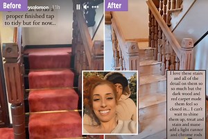 Stacey Solomon shows off jaw-dropping staircase transformation as she ditches red carpet and strips back oak
