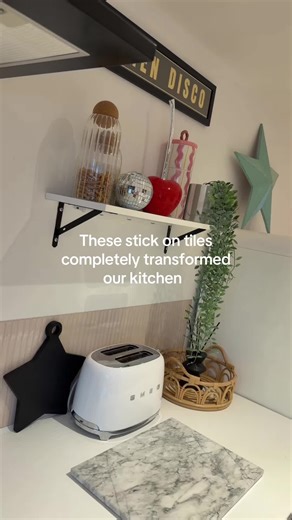 These stick on tiles and chopping boards transformed our kitchen on a budget. #stickontiles #kitchenmakeover #choppingboards #kitcheninspo #fyp