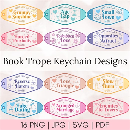 16 Book Tropes Motel Keychain Designs, Book Club Gifts, Gift for Book Lover Svg, Bookstagram Trendy Png, Bookish Designs, Digital Download - Etsy