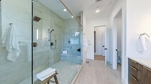 360-degree looping rotational view of a modern luxury residential home master bathroom; seamless loop