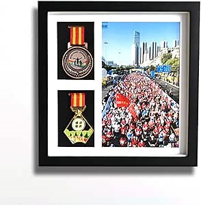 Medal Display Case，2 Medals for Medal & Photo Display Shadow Box，Marathon Medal Display Frame，Wooden Medal Shadow Box,for Marathon，Military，Blue Ball,Swim，Medal Frame Display(Black)