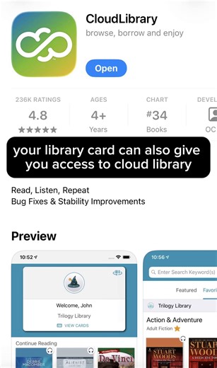 Your library card can also unlock CloudLibrary. It’s another app for free e-books and audiobooks, similar to Libby. Different libraries have different collections, so this gives you even more free reading options. #librarybenefits #freewithlibrary #freeresources #savemoneytips #publiclibrary