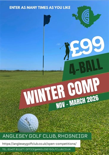 ❄️⛳ Winter Golf Offer – only £99 Make the most of the remaining quieter season and enjoy golf with some of the best views on Anglesey. Our Winter Offer is just £99 and runs until the end of March — perfect for staying sharp, getting out in the fresh air, and enjoying the course all winter long. What's included? 👉Our Anglesey Golf Club 4-Ball Winter Competition runs from November 2025 right through to March 2026, and you can enter as many times as you like for just £99 per 4-ball. 👉The full cou