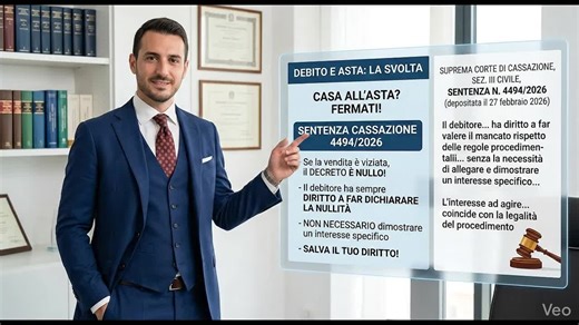 ​⚖️ SVOLTA STORICA PER LE CASE ALL'ASTA! ​La Corte di Cassazione, con la nuovissima sentenza n. 4494 del 27 febbraio 2026, ha stabilito un principio fondamentale: se la procedura di vendita è viziata, il debitore ha il diritto di far annullare il decreto di trasferimento! 🛑 ​La vera novità? Non devi più dimostrare un danno economico specifico. Basta che la procedura non sia stata seguita alla lettera per rendere l'atto nullo. La legalità del processo viene prima di tutto. 📑 ​Hai subito una ven
