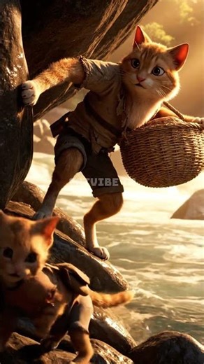 Brave Mother Cat Leads Her Kitten on a Riverbank Adventure 🐾✨