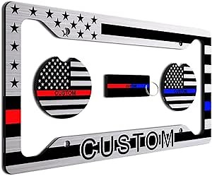 Thin Red Line and Thin Blue Line - Personalized American Flag License Plate Frame + 2 Coasters and a Keychain