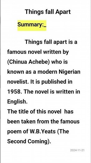 Things fall apart by Chinua Achebe novel summary 🥰🥰