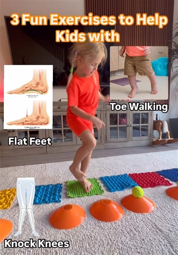These exercises are perfect for kids struggling with poor posture, weak core, balance issues, and in-toeing or toe-walking habits. They help strengthen muscles, improve coordination, and reprogram movement patterns in an engaging way! 1️⃣ Jump & Kick Sensory Challenge ✅ What it helps with: Foot stability, single-leg balance, and coordination ✅ Great for kids with: Flat feet, weak ankles, poor balance, or toe walking ✔ How to do it: Jump on one foot onto different sensory mats, kicking a ball nex