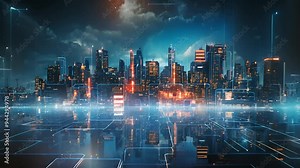 Neon technology city business concept with skyscraper buildings and virtual network connection