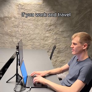 Struggling to stay focused on the go? Say goodbye to productivity blocks! Our 16-inch Portable Monitor Stand setup is here. Ergonomic, two-screen solution for professionals like you. Get yours now and boost your workflow! | Tern Setups