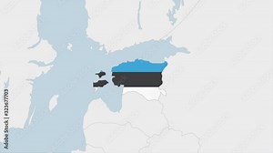 Estonia map highlighted in Estonia flag colors and pin of country capital Tallinn.
