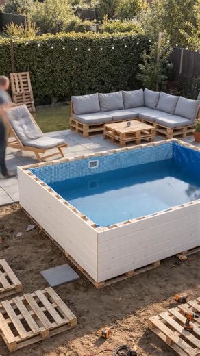 Homemade pool with pallet !?😱💧 | Budget Backyard DIY #shorts #pool