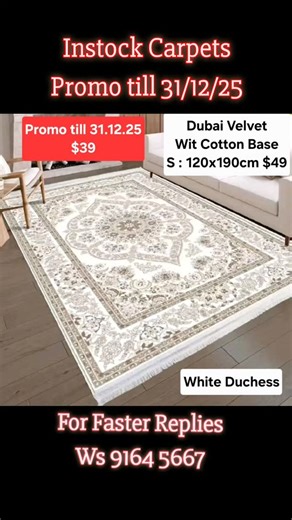 Instock Carpet Sale - Scroll to see designs Price, size and material stated on each picture For faster replies and video requests - Pls Whatsaap 9164 5667 Delivery add $6 Self Collect at Blk 363, Bukit Batok St 31, Sg 650363 ( Bukit Gombak Area ) | The Mid Alley Carpets