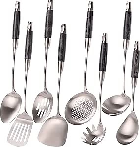 18/10 Stainless Steel Kitchen Utensils Set with Wooden Handle, 8Pcs 15” Long Cooking Utensil Set & Kitchen Gadgets Cookware Set, Serving Utensils-Spatula, Turner, Pasta, Serving Spoon, Skimmer, Ladle