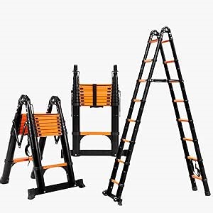 16.5FT A Frame Telescoping Ladder, Aluminum Lightweight Extension Ladder w/Triangle Stabilizers, Stabilizer Bar & Movable Wheels, 330lbs Capacity Telescopic Ladder for Home, Outdoor (Orange)