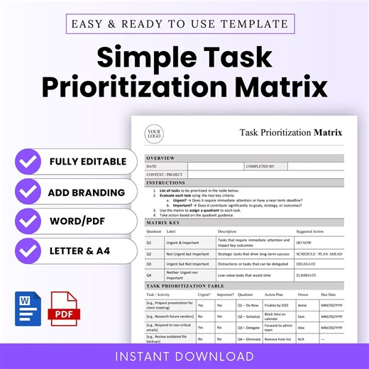Simple Task Prioritization Matrix Template – Word & PDF, A4 + US Letter - Etsy