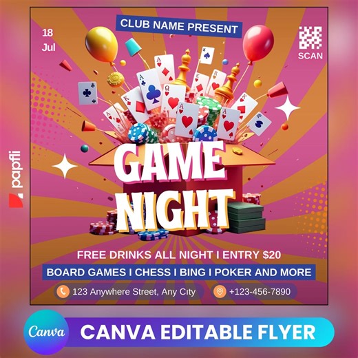 Game Night Party Flyer: Editable Canva Template (digital Download) - Etsy