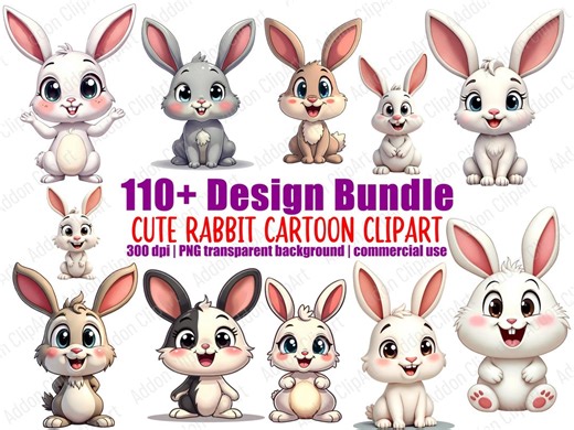 Cute Rabbit Clipart Cartoon Bunny Illustration PNG Bundle Printable Nursery Animal Digital Download Image Pack Commercial Use C067 - Etsy
