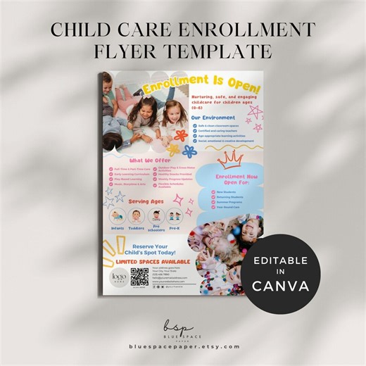 Child Care Enrollment Flyer, Preschool Enrollment Flyers Pastel, Daycare Center Template, Childcare Business Template, Kindergarten Brochure - Etsy