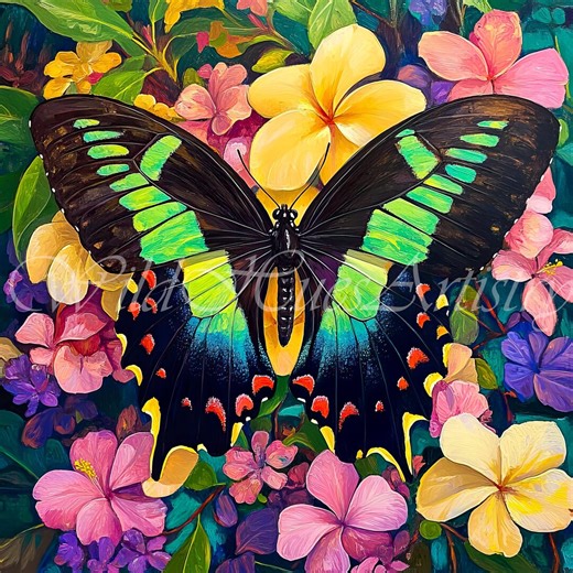 Green Swallowtail Butterfly Oil Painting, Tropical Flowers Wall Art, Frangipani Floral Artwork, Colorful Garden Decor, Nature Lover Gift. - Etsy